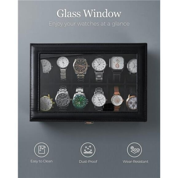 Watch Box Organizer 12 Slot PU Leather Glass Lid Display Case for Jewelry - Picture 4 of 7